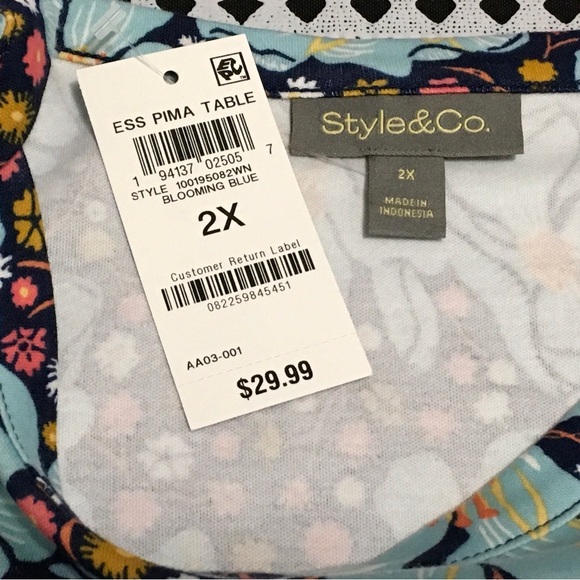 Style & Co. Womens 2X Blooming Blue Floral Printed 3/4-Sleeve Prima Cotton Top - Picture 4 of 12